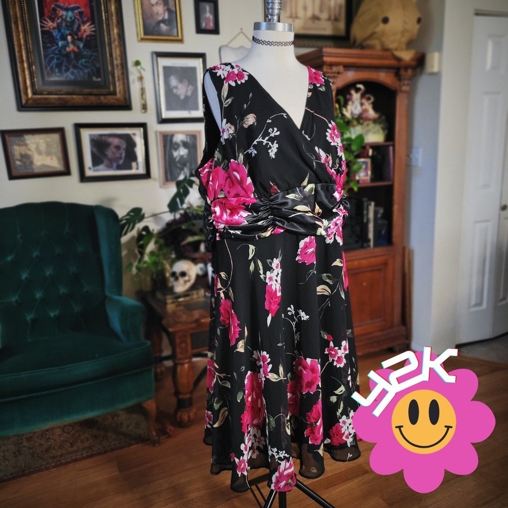 Connected Woman Floral Dress Vintage 26W Black Pink‎ Y2K Sleeveless Midi